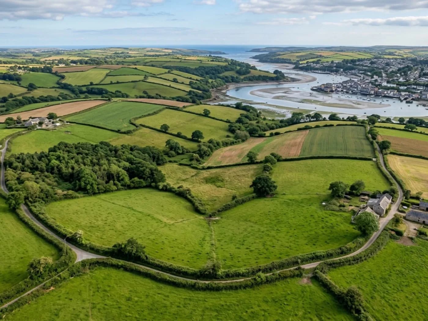 Aerial view of South Hams farmland and high hedgerows near Kingsbridge and Totnes
