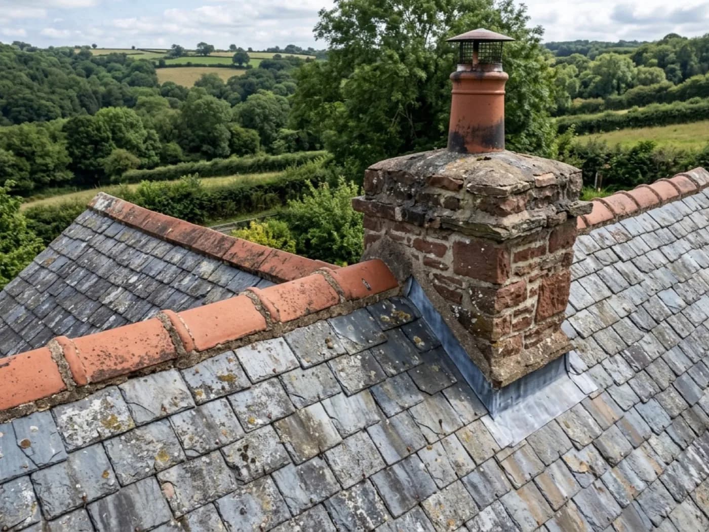 Aerial view of a Devon roof photographed from a drone, ridge tiles and a chimney stack in close detail