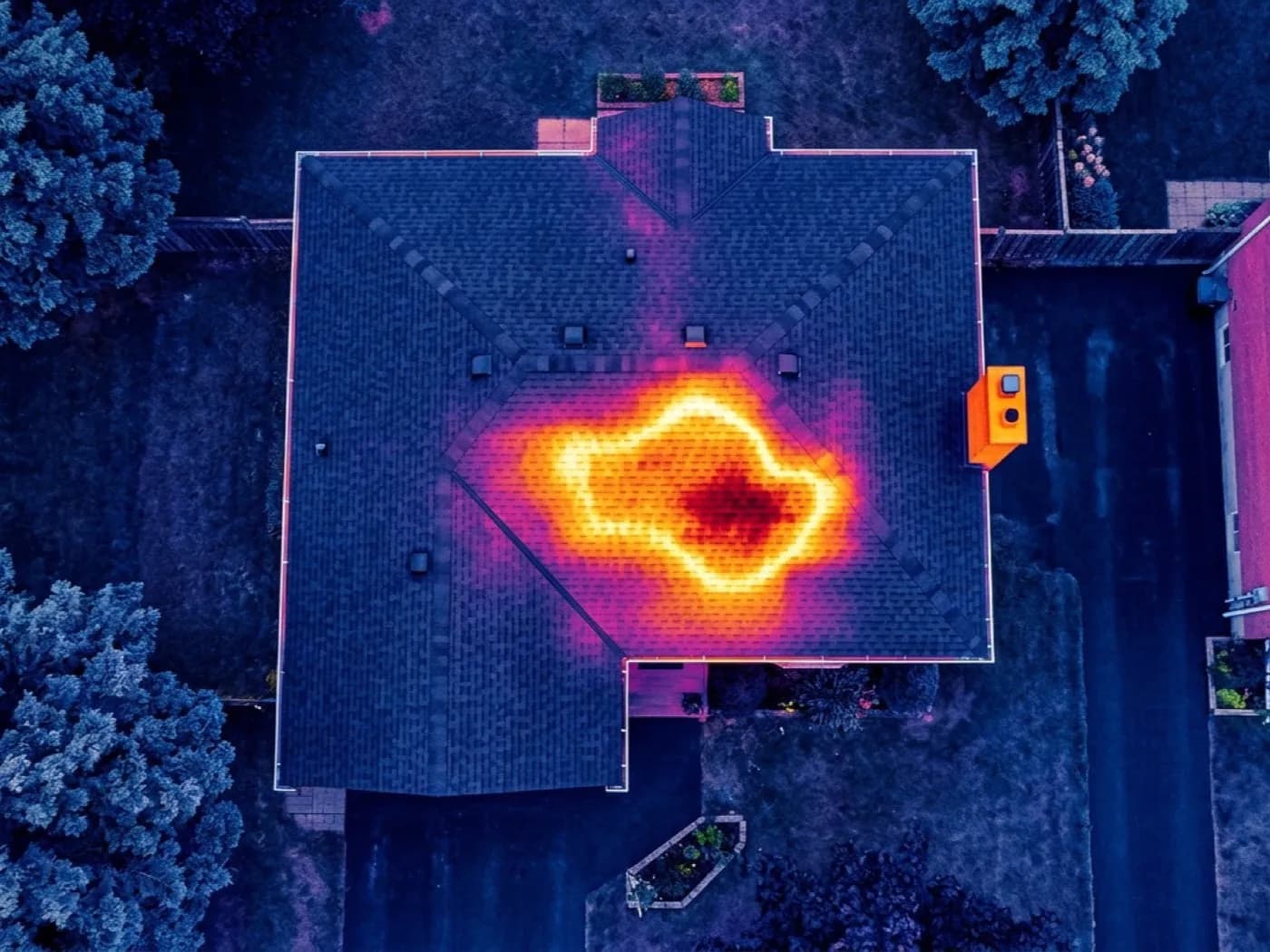 Thermal camera view of a roof showing a temperature difference across part of the covering